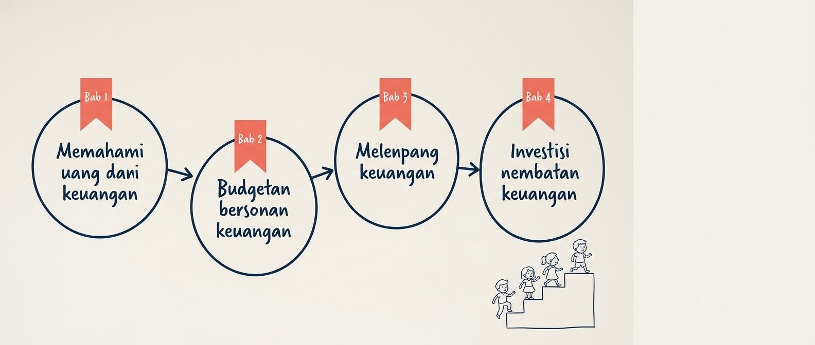 Papan tulis bertuliskan kerangka literasi keuangan dengan penanda bab berwarna coral