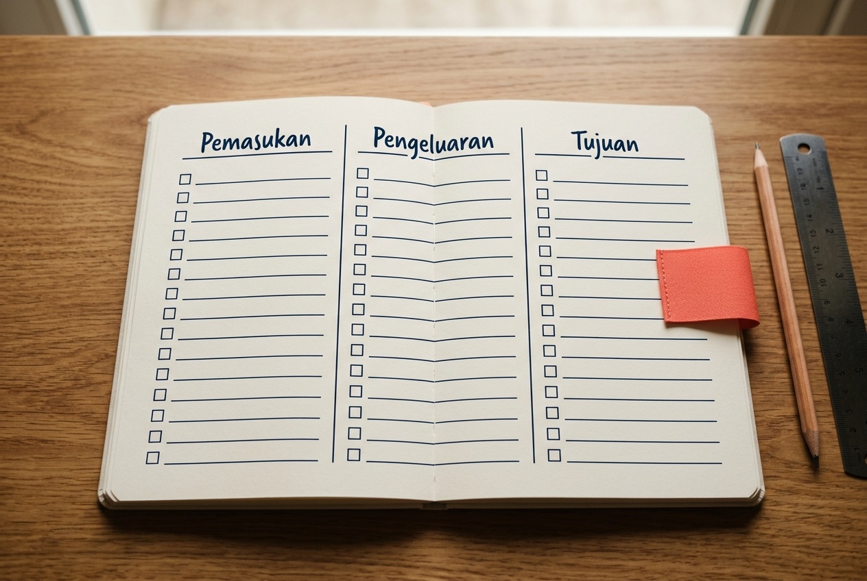 Catatan keuangan pribadi dengan kolom pemasukan, pengeluaran, dan tujuan tersusun rapi