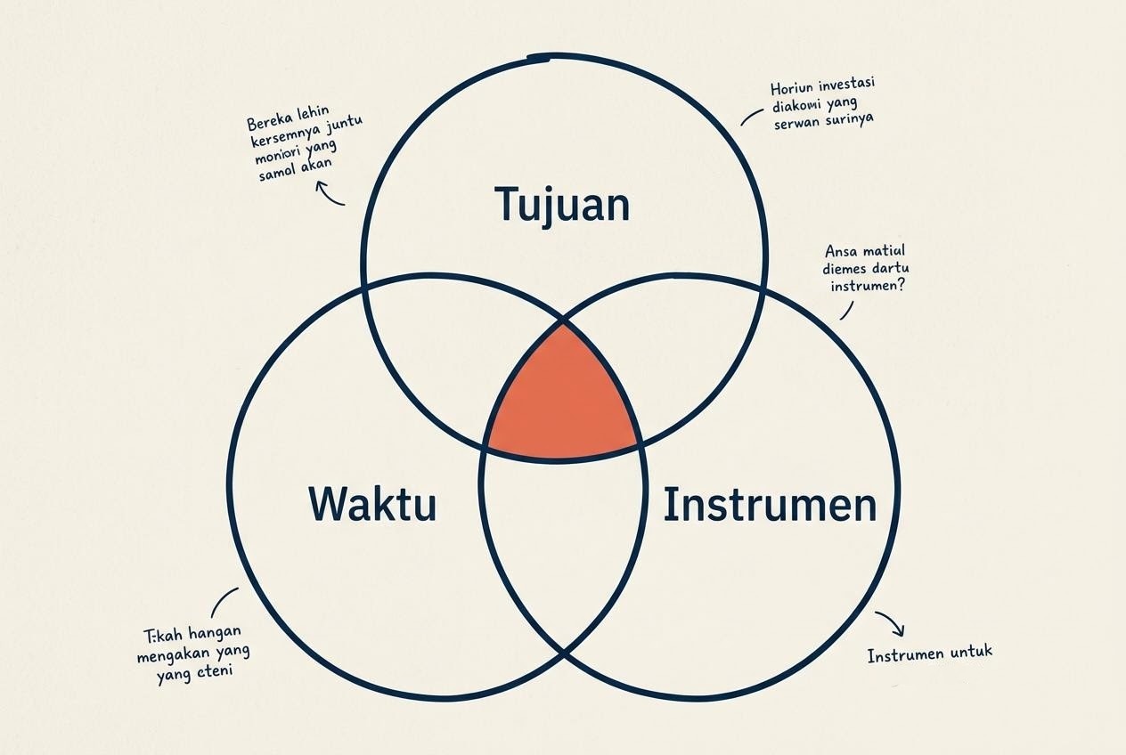 Diagram konsep investasi dasar dengan tiga lingkaran bertuliskan tujuan, waktu, dan instrumen