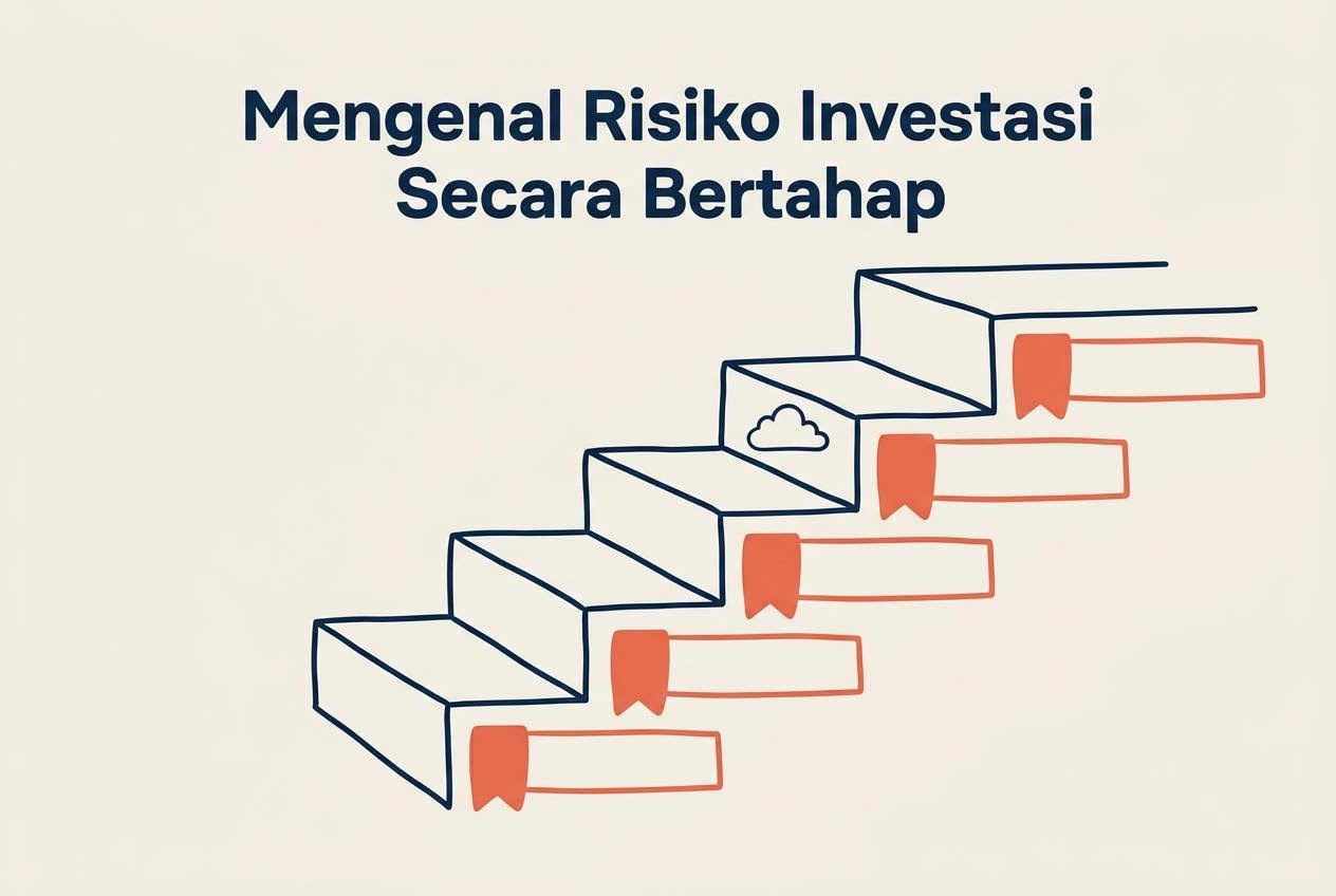 Tangga risiko investasi bertahap dari rendah ke tinggi dengan penanda coral