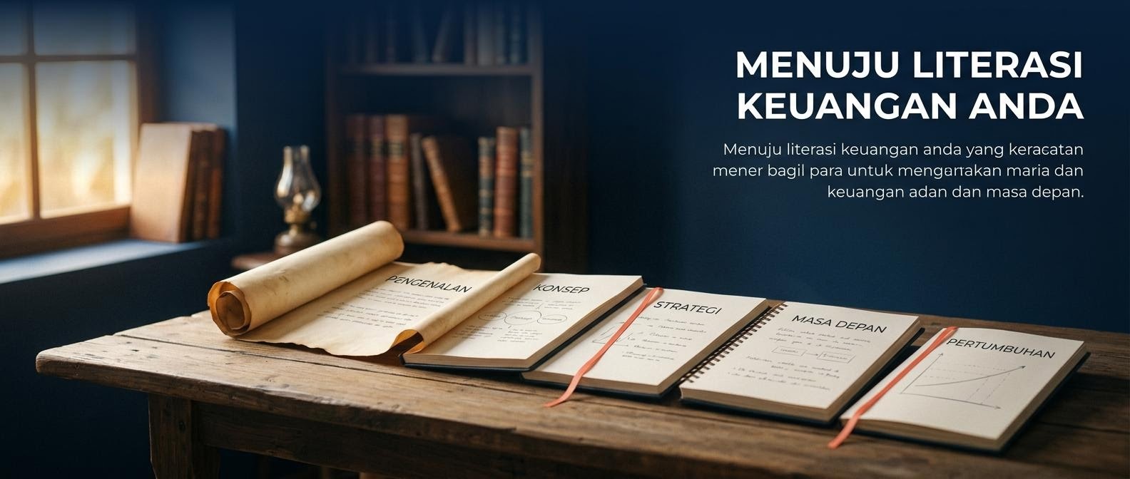 Gulungan dan halaman catatan literasi keuangan yang tersusun berurutan dengan penanda bab berwarna coral