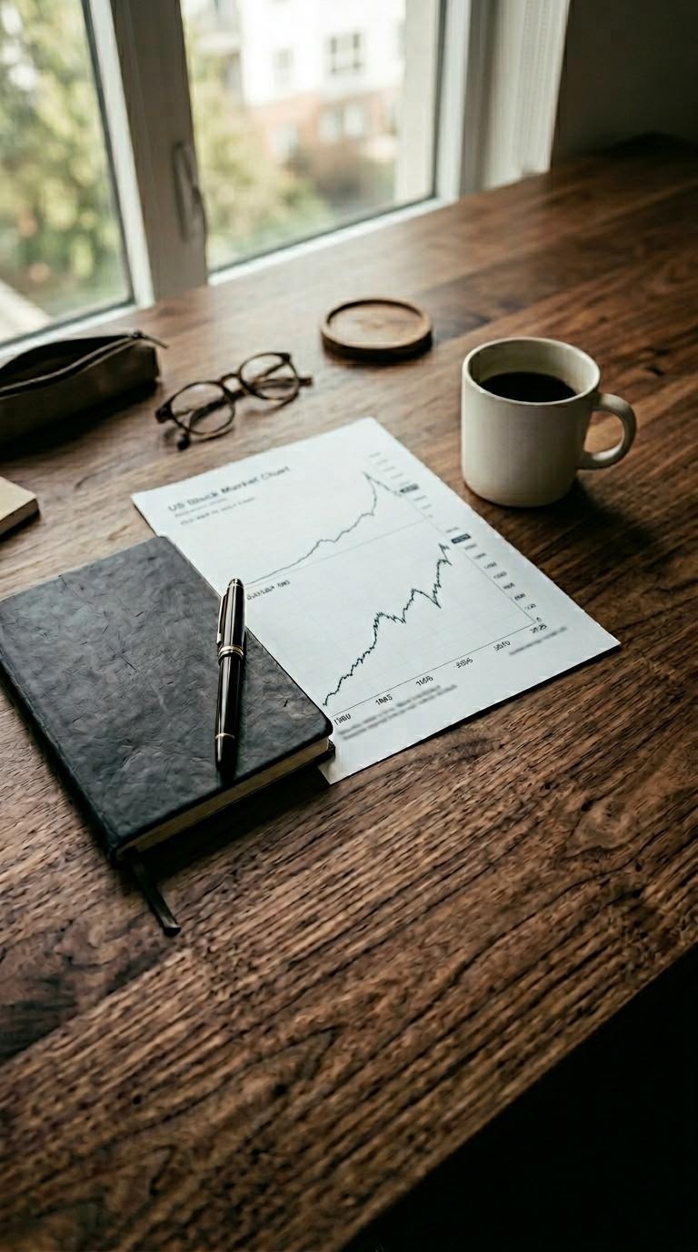 デスクの上に広げた米国株のチャート資料、黒革のノート、万年筆、コーヒーカップを上から写した編集部の作業風景