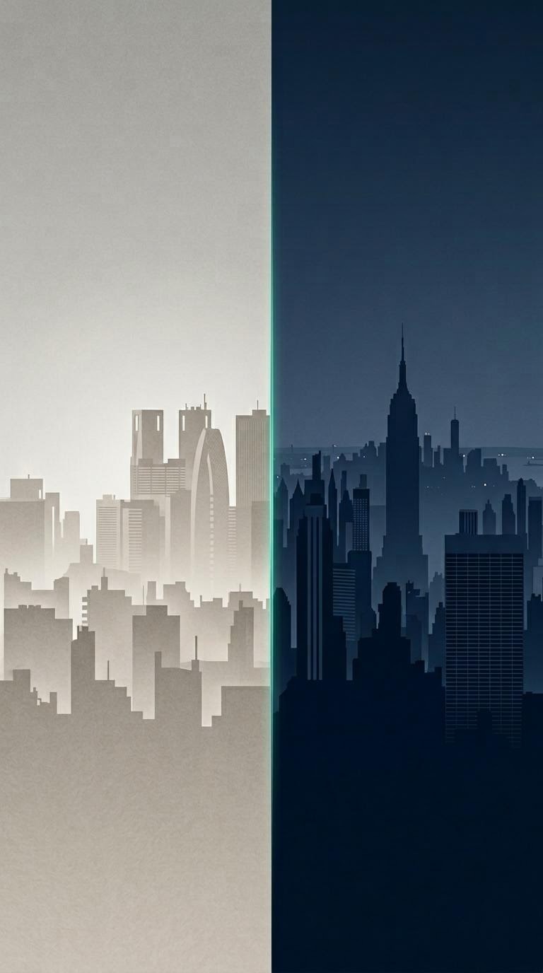 日本と米国のビジネス街の対比を示した抽象的な図解